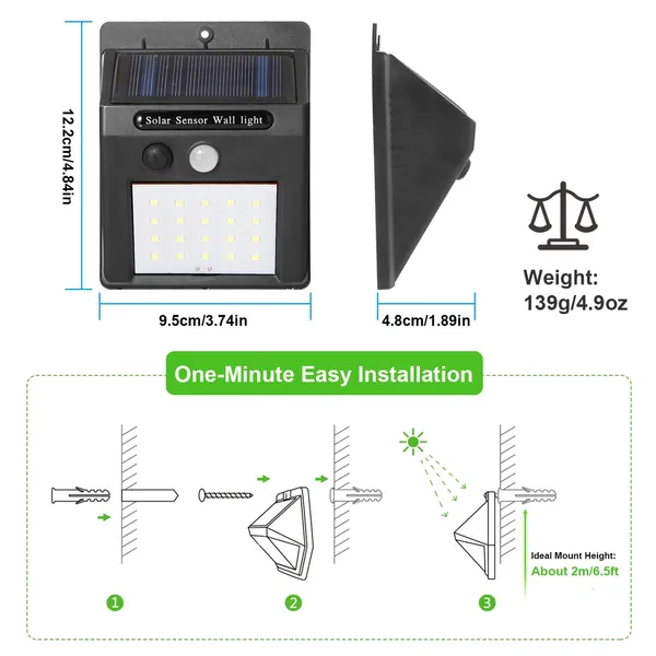 20 LED Solar Motion Sensor Light Outdoor Wall Lamp Black