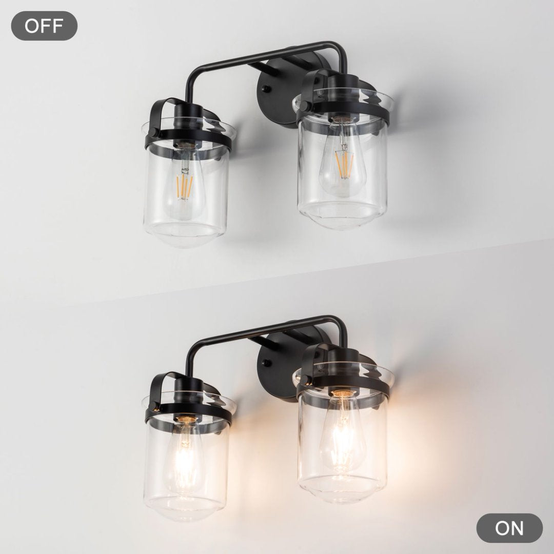 Modern Black Wall Sconce Light with Clear Glass Shade - Indoor Indoor Fixture for Bathroom Bedroom Living Room Kitchen Sink - E26 Socket