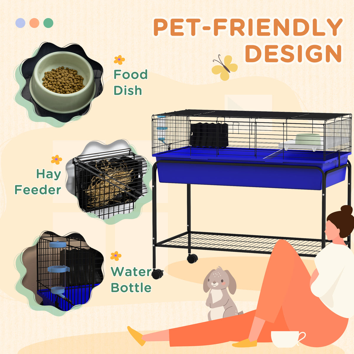 Small Animal Cage with Removable Stand, Wheels & Shelf - Blue, 39 x 20.5 x 36.5 Inches