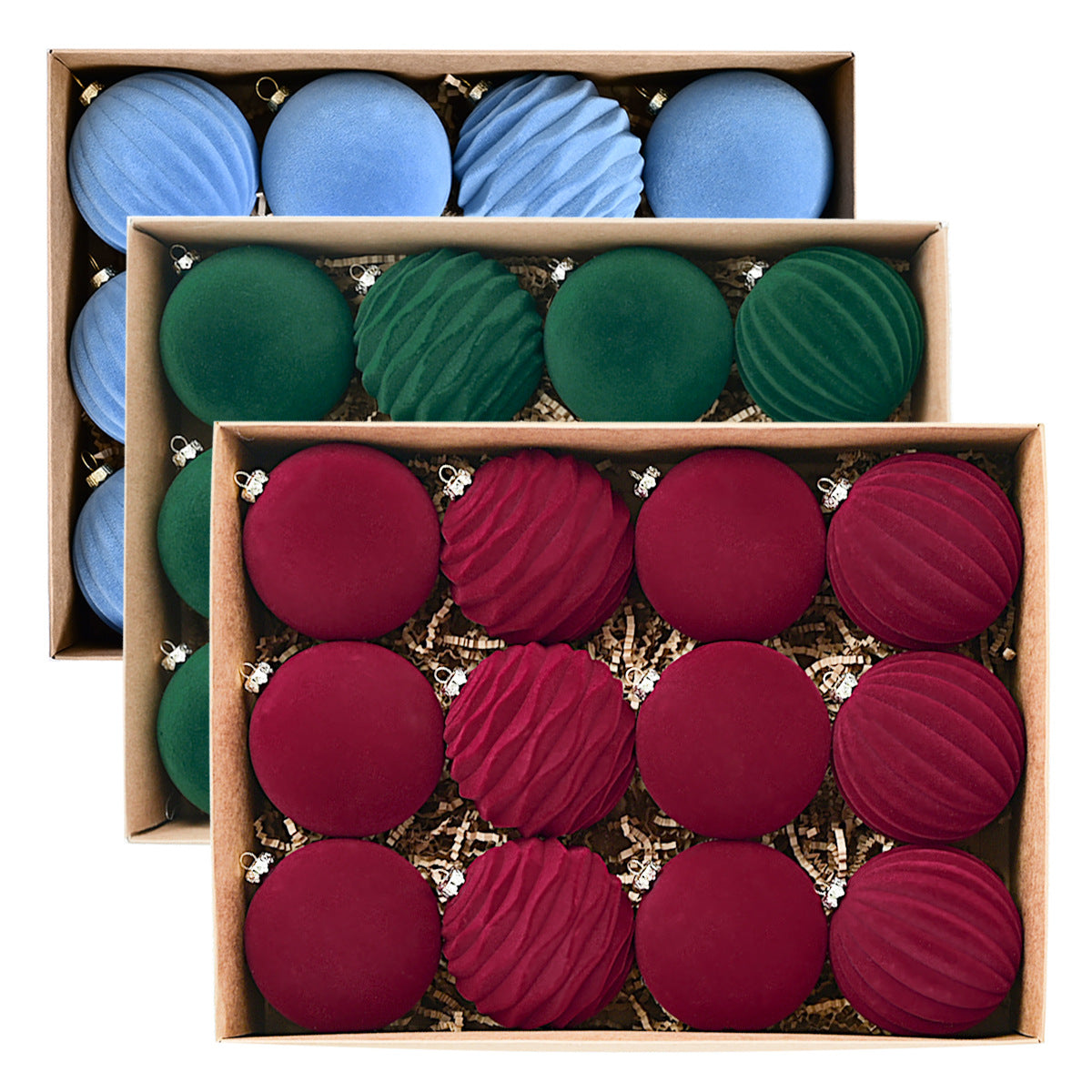 Christmas Flocking Ball Decorations Set - Red, Green, Blue, 8-12cm