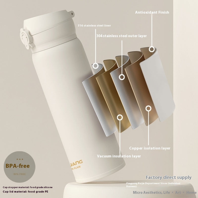 316 Stainless Steel Vacuum Water Bottle with Bounce Cover - Portable Drink Cup