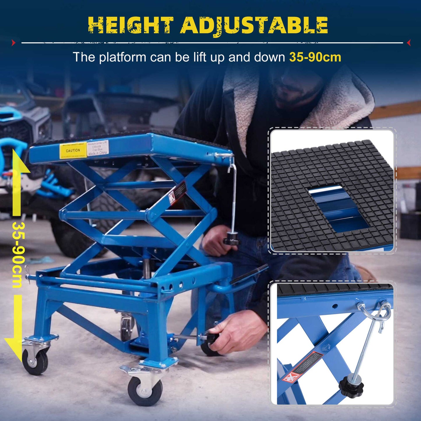 Hydraulic Motorcycle Scissor Jack Lift with Wheels - 300 lbs Capacity, Blue
