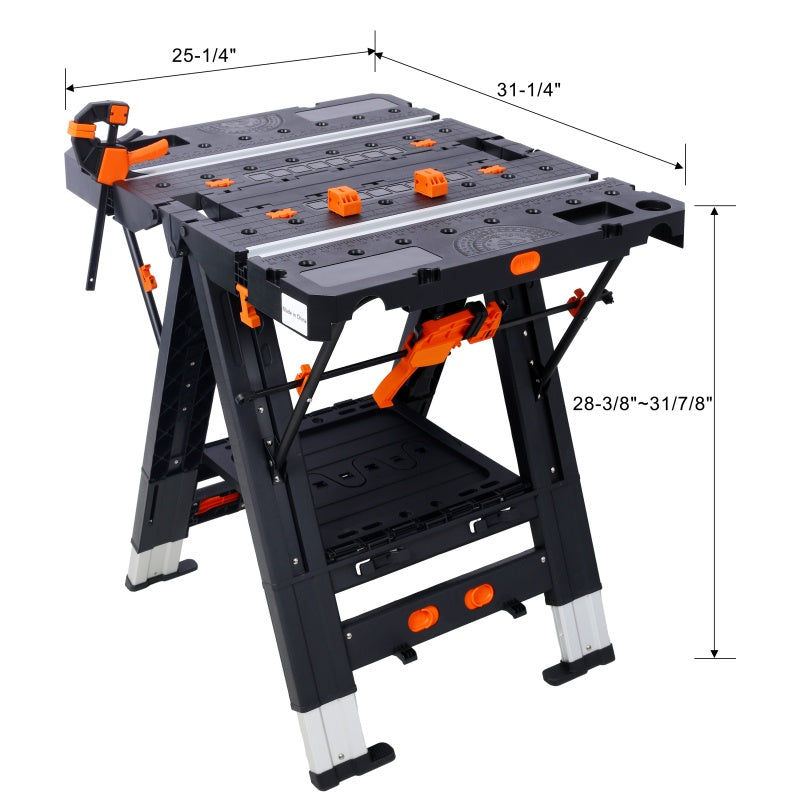 Heavy-Duty Portable Folding Workbench with Clamps - Adjustable Garage Sawhorse