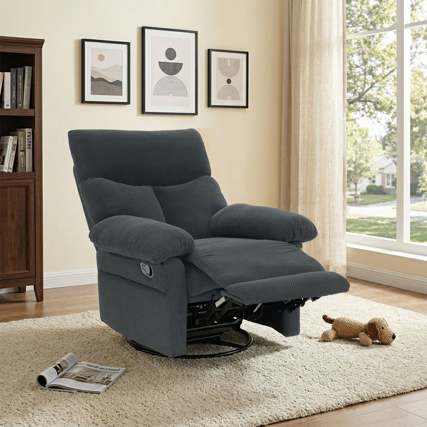 Modern Swivel Rocker Recliner Chair - Dark Gray Fabric Armchair