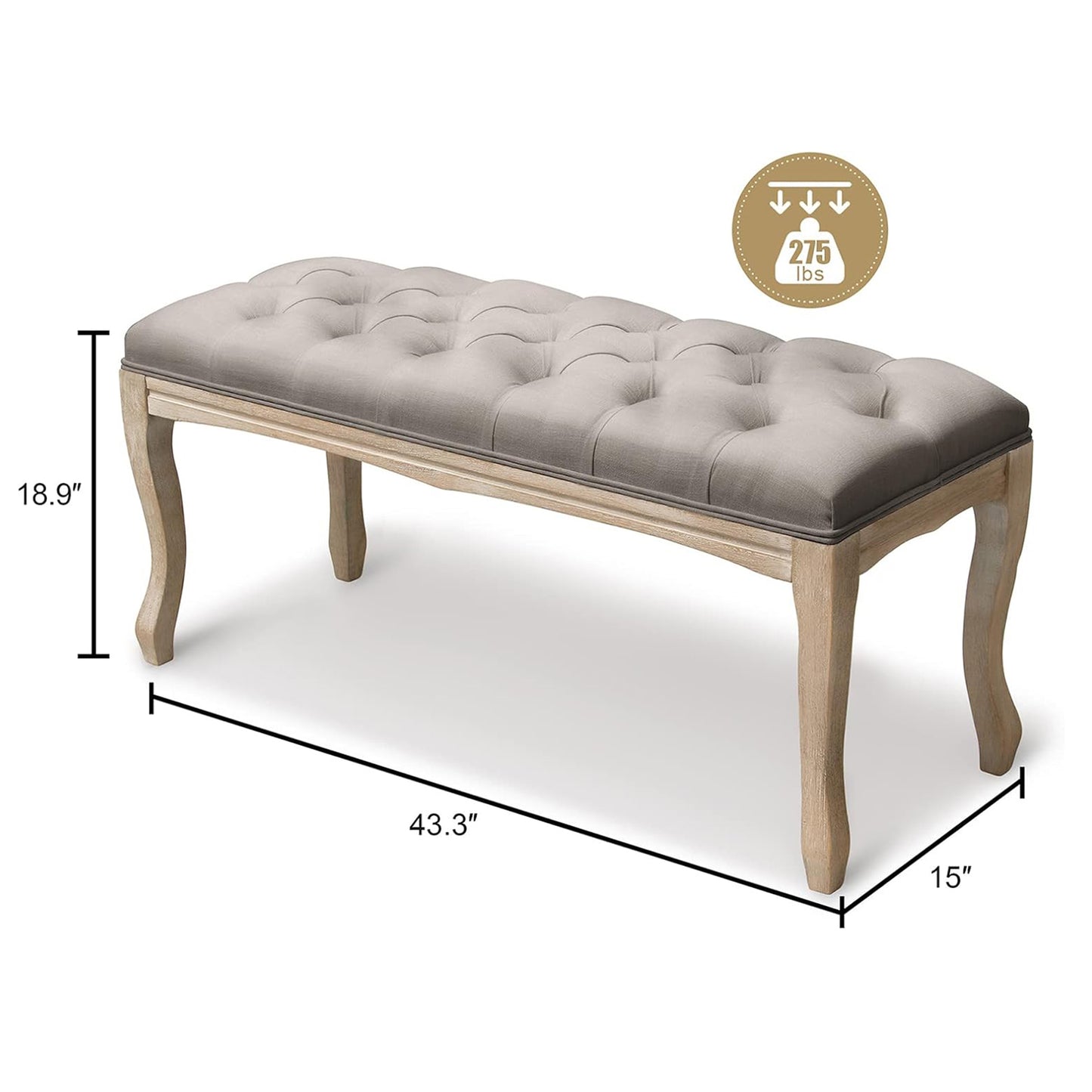 French Vintage Upholstered Bench - Grey Linen, 43.3"