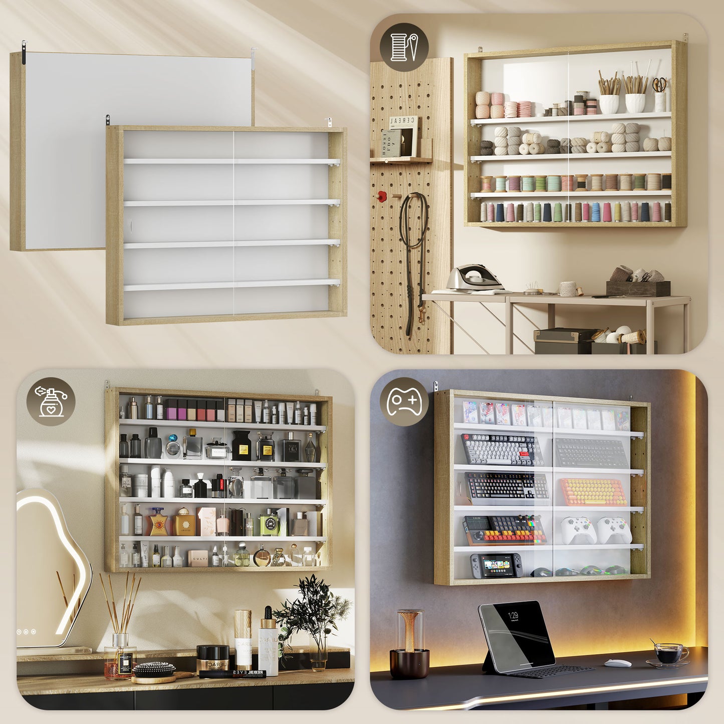 Wall-Mounted Display Cabinet with Glass Doors & Adjustable Shelves - Oak