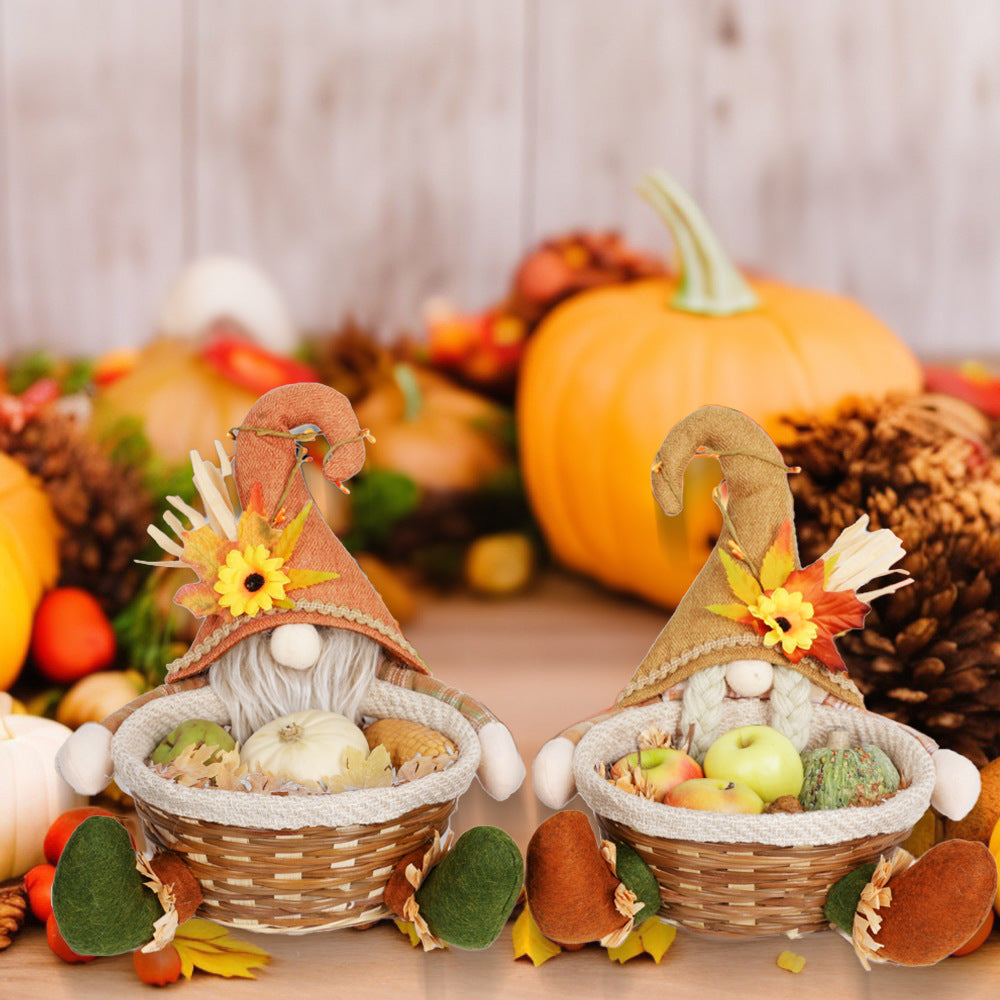 Thanksgiving Holiday Decor Doll Basket Ornament - Maple Leaf Candy Theme