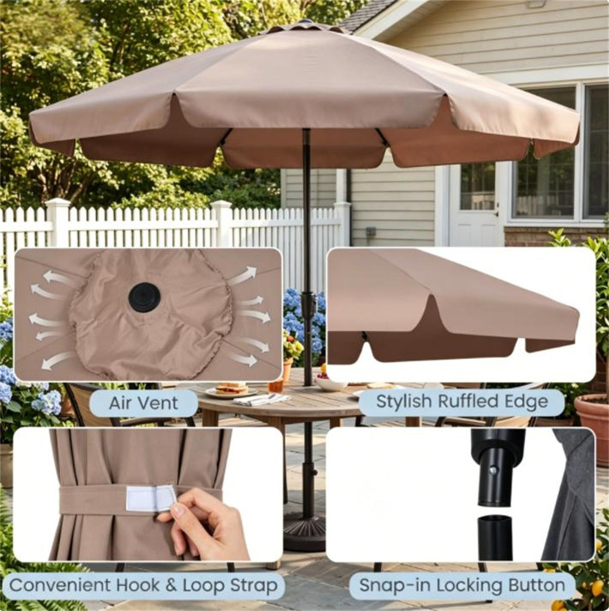 10ft Brown Scalloped Patio Umbrella with Tilt & Crank Control