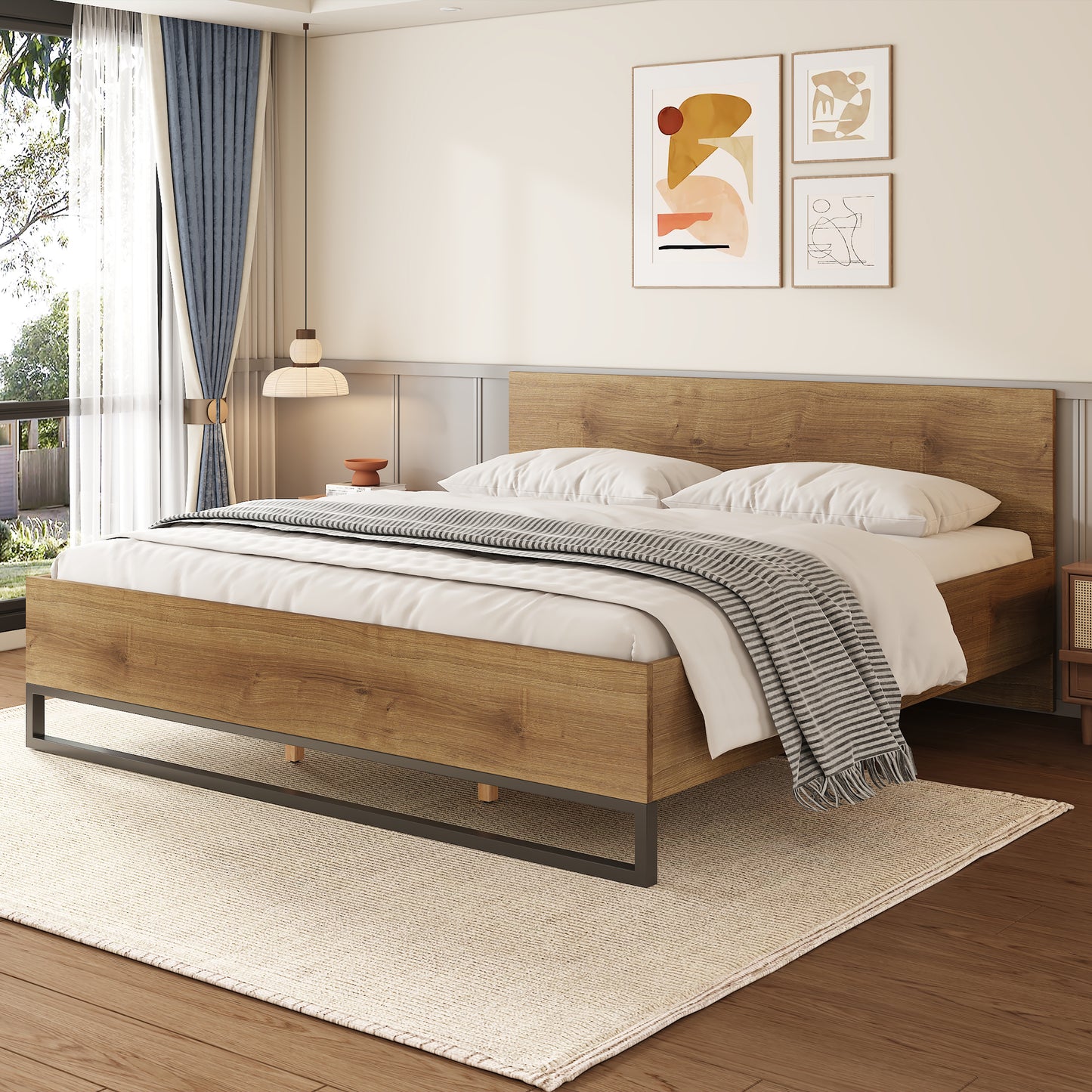 King Size Engineered Wood Bed Frame - Natural & Black