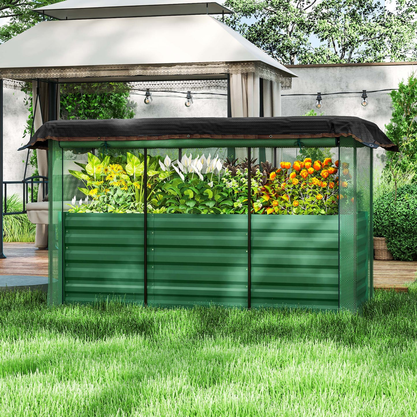 Galvanized Steel Raised Garden Bed with Crop Cage and Shade Cloth - Outdoor Planter Box, Green