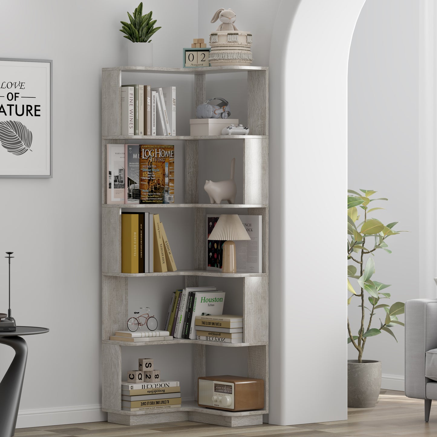 6 Tier Freestanding L-Shaped Corner Bookshelf For Living Room,