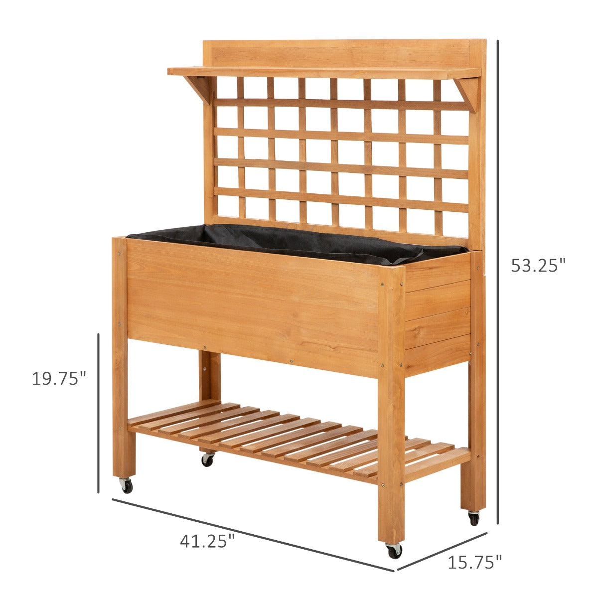 Elevated Wooden Garden Bed with Shelf and Wheels - Outdoor Herb Planter 41x18x53 Inches