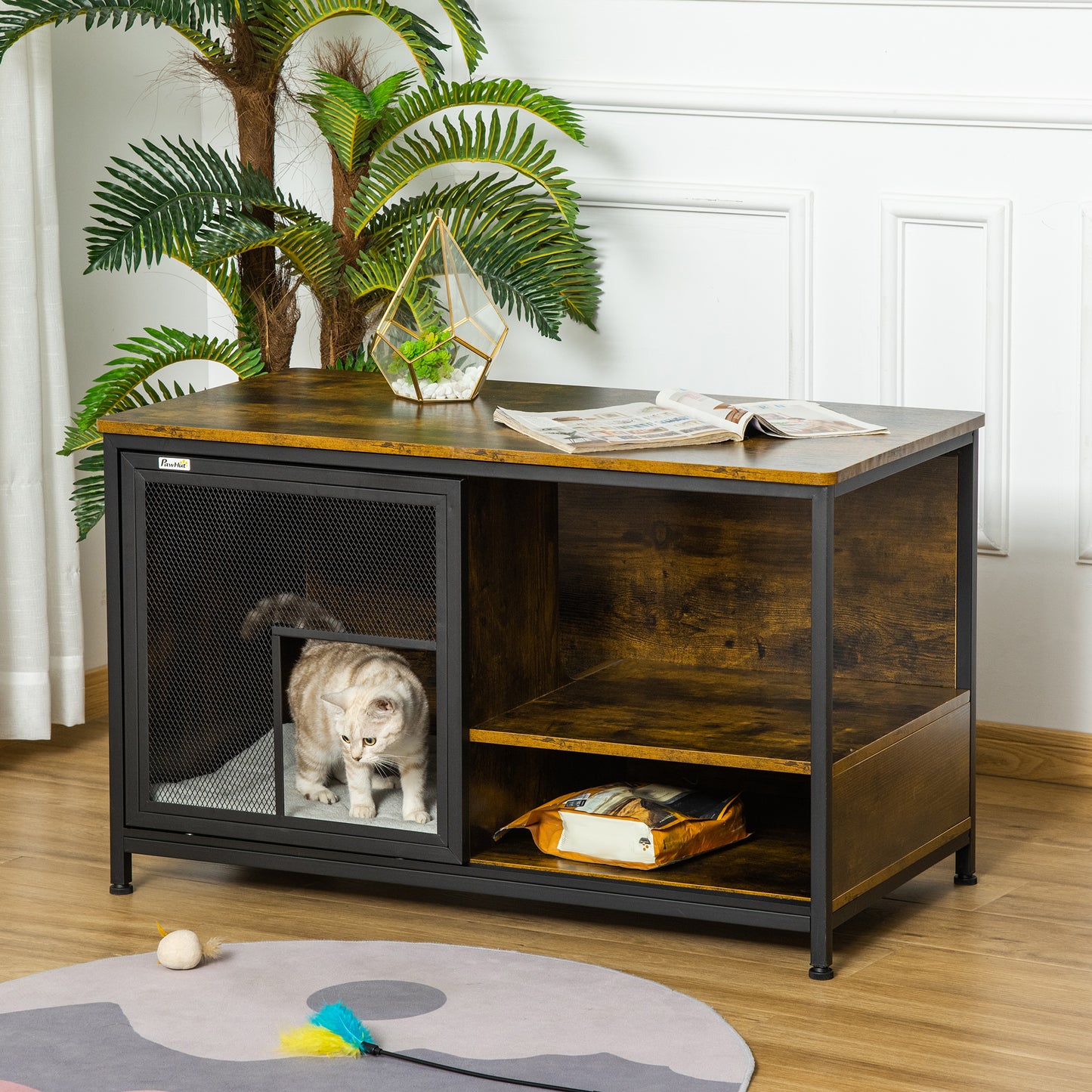 Wooden Cat Crate End Table Pet House with Cushion & Sliding Doors — Rustic Brown