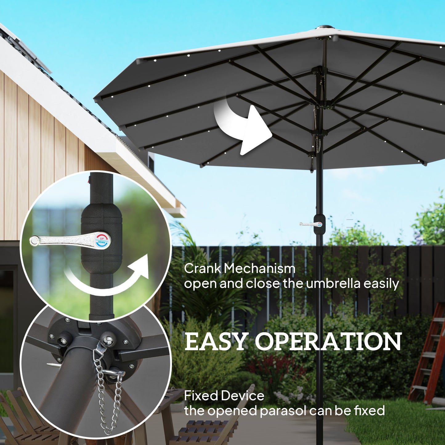Double-Sided 14.4ft Garden Parasol with Solar LED Lights - Gray