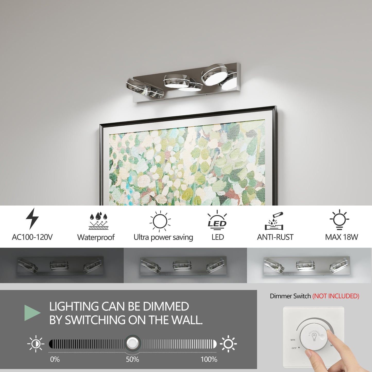 Modern LED Vanity Lights - 20in Chrome Bathroom Fixture