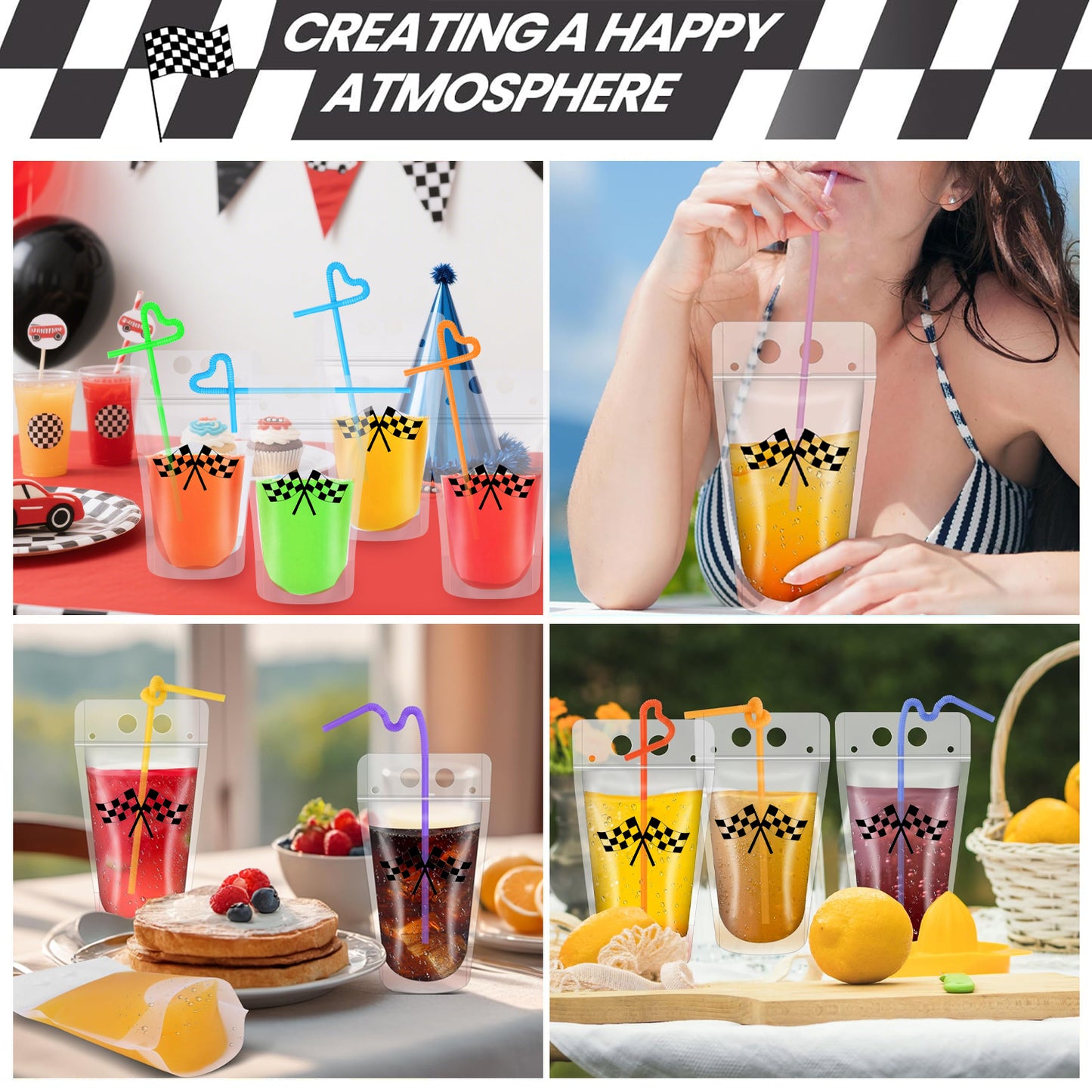 40 Clear Drink Pouches with Straws - Multi-Color Set