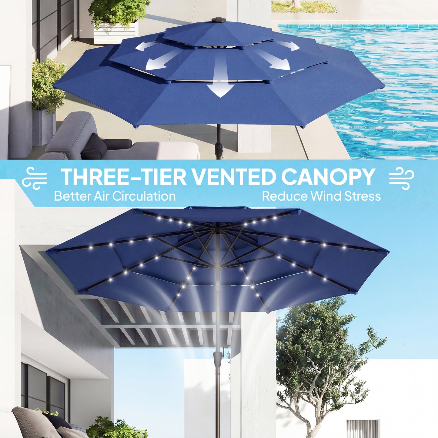 9.7 ft Outdoor Patio Umbrella with Solar LED Lights - Navy Blue