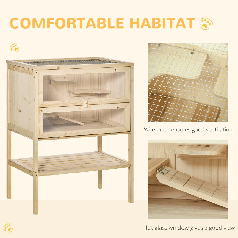 3-Tier Wooden Hamster Cage with Openable Top & Shelves - Natural Wood Small Animal Habitat