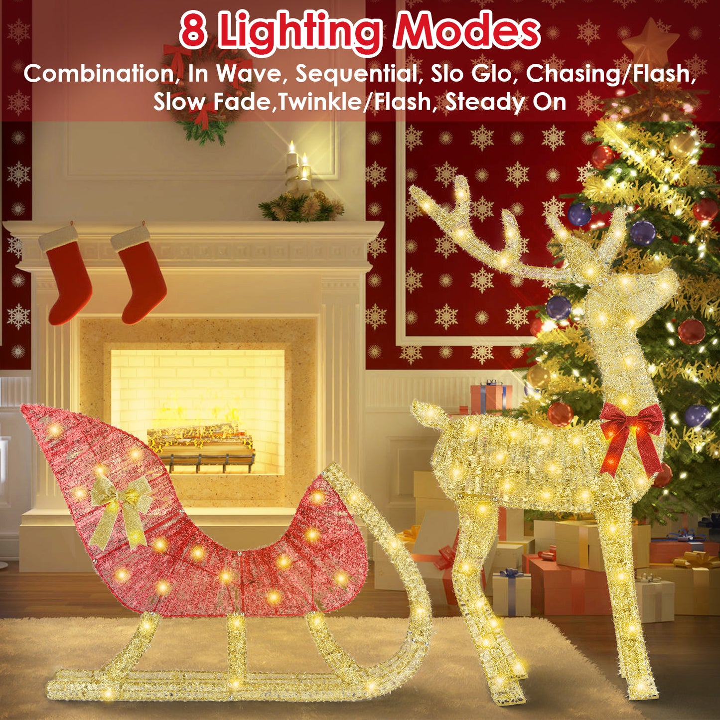 Lighted Christmas Reindeer & Sleigh - 8 Lighting Modes Decor