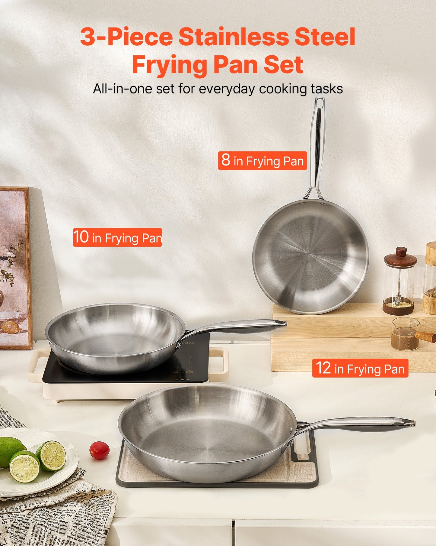 Stainless Steel Frying Pan Set - 8, 10, 12 Inch Skillets