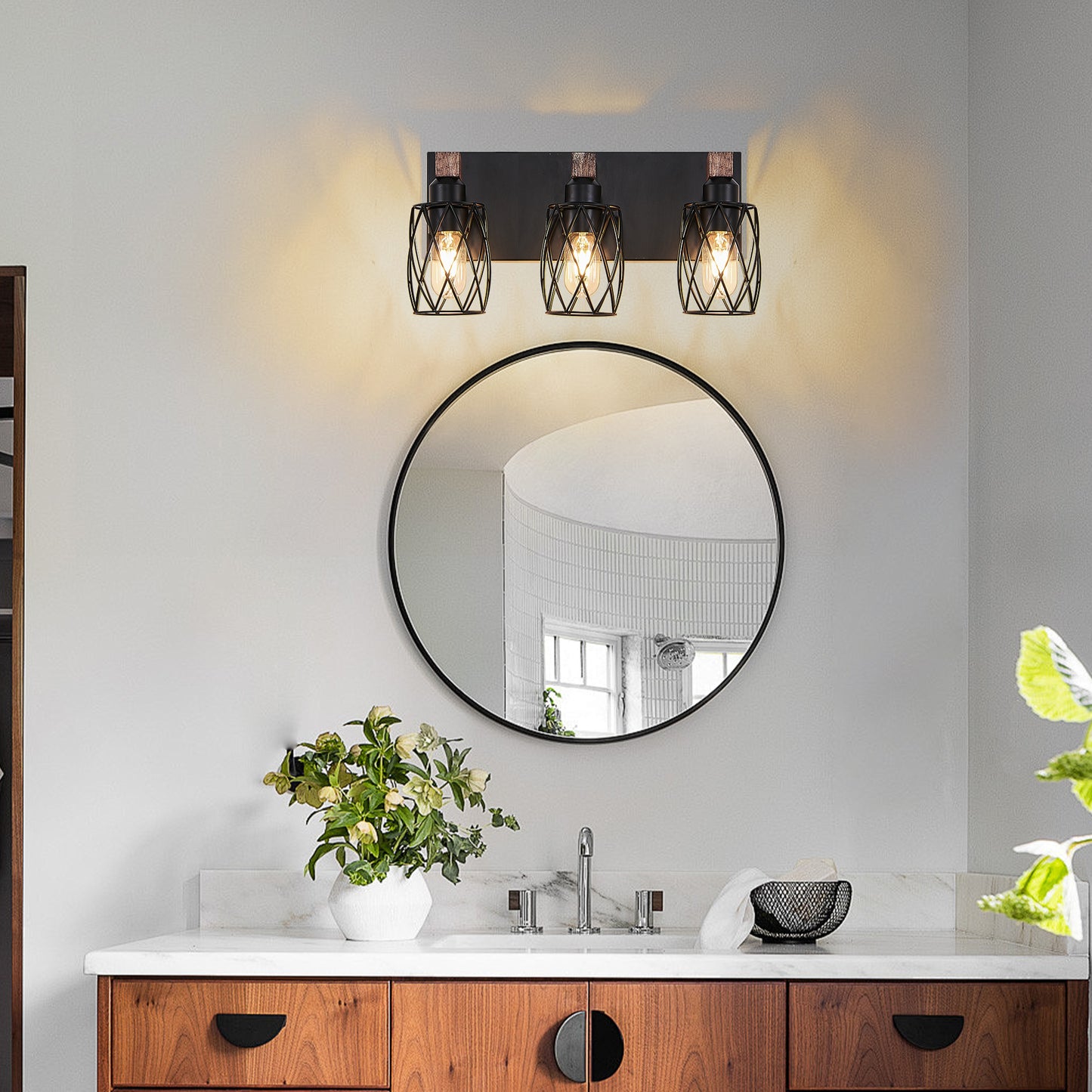 Vintage Industrial 3-Light Wall Sconce - Black Metal & Wood Accent
