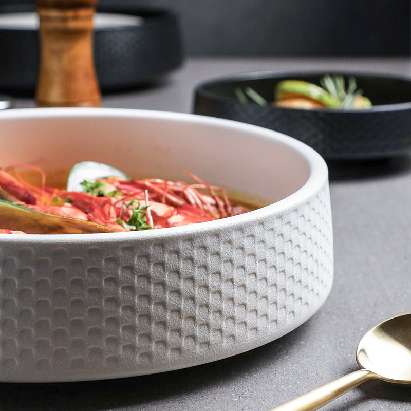 Large Ceramic Soup Bowl Set - Household Kitchen Dinnerware, Frosted White & Black