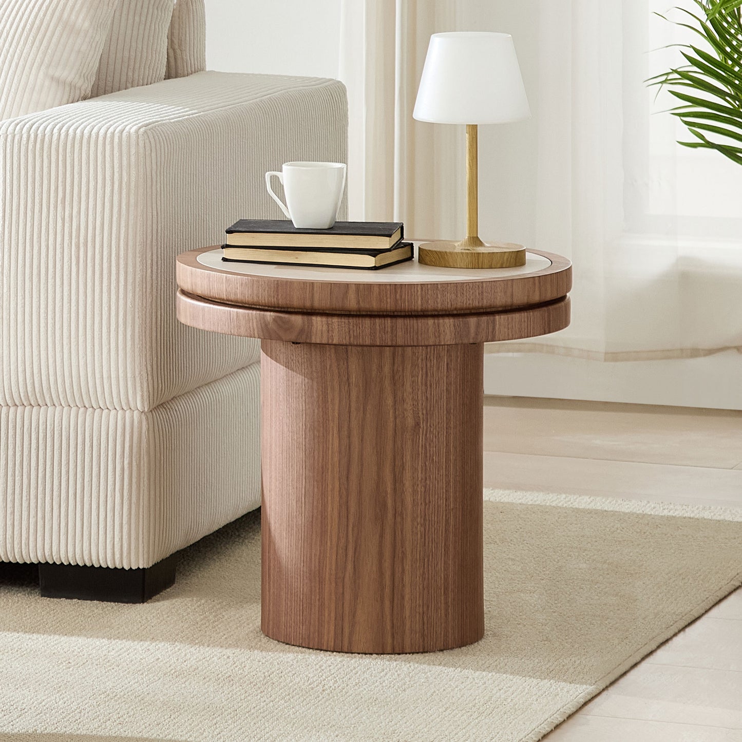 Round MDF Side Table with Sintered Stone Top - Walnut