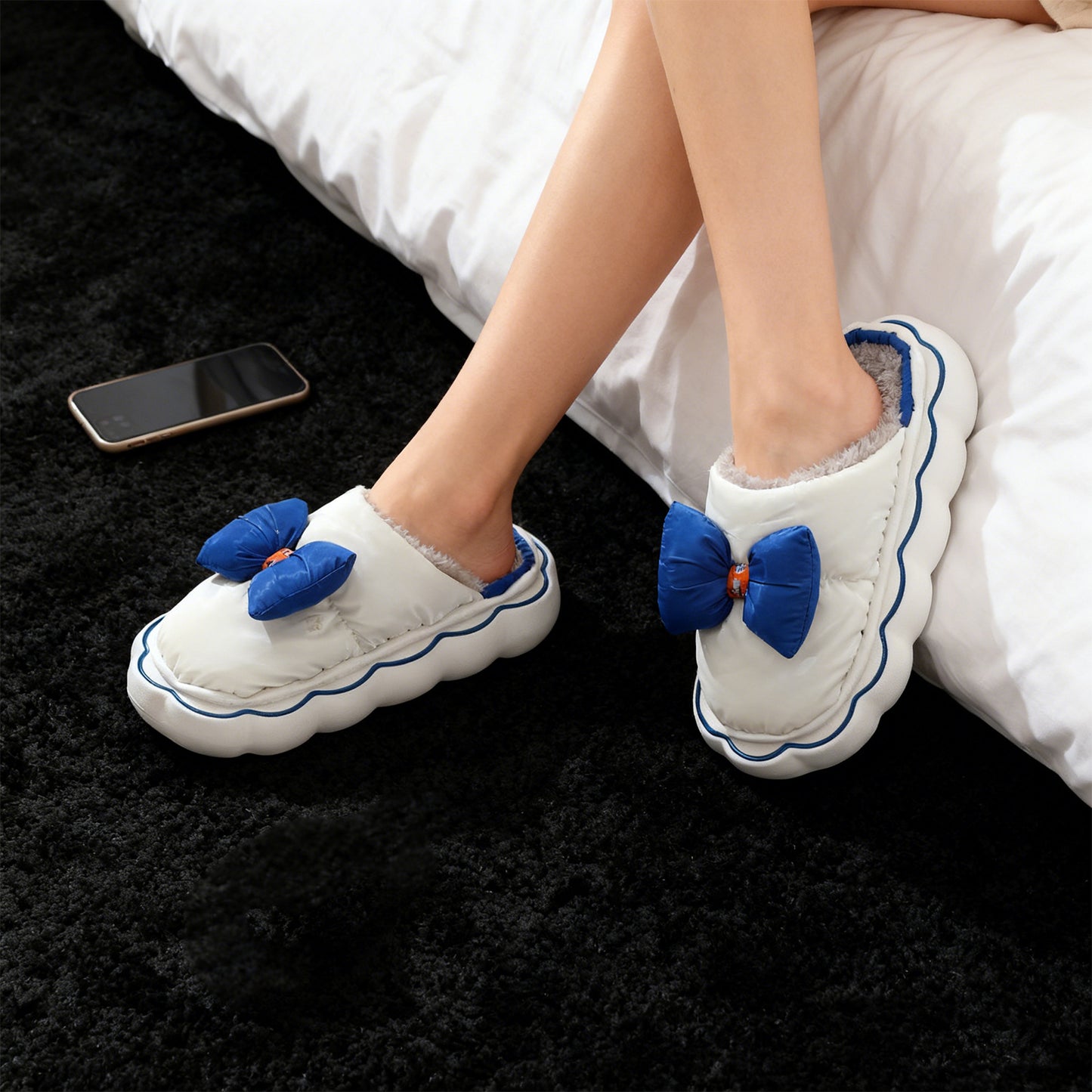 Bowknot Cotton Slippers in Pink and Blue