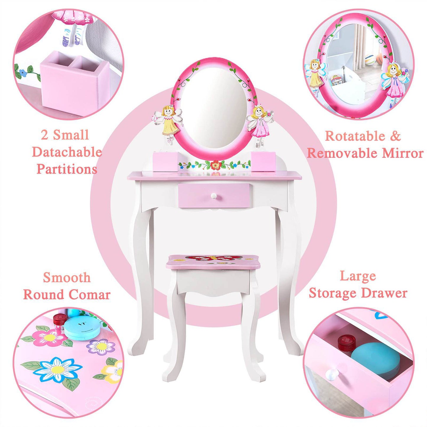 Kids Vanity Set Floral Printed Wooden Makeup Dressing Princess Table