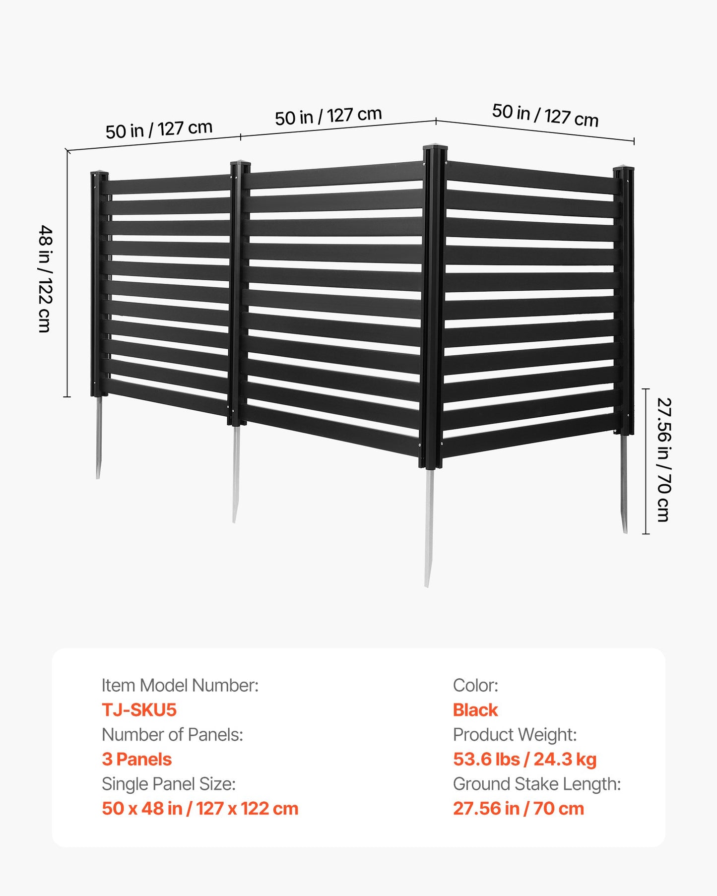 Outdoor Privacy Fence Panels - Vinyl Enclosure for A/C & Trash Cans, Black, 50 x 48 in, Set of 3