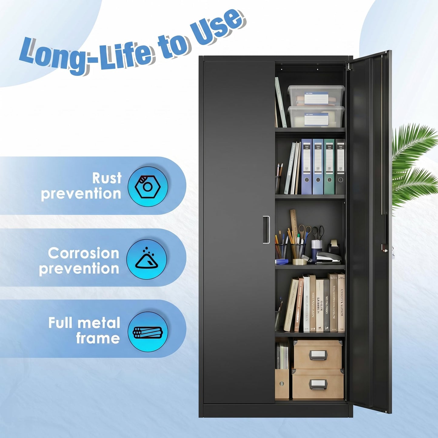 Lockable Metal Storage Cabinet with Adjustable Shelves - Black