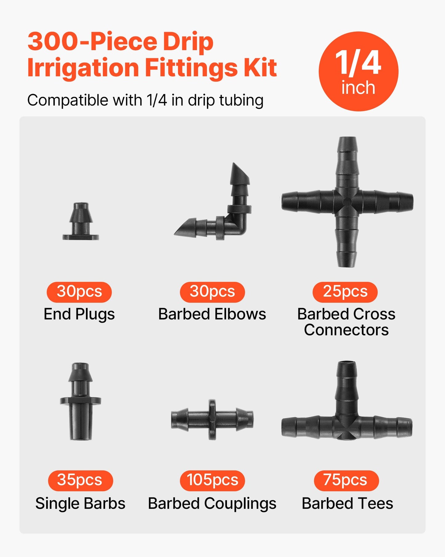 300Pcs Drip Irrigation Fittings Kit for 1/4 Inch Hose Garden Lawn Watering