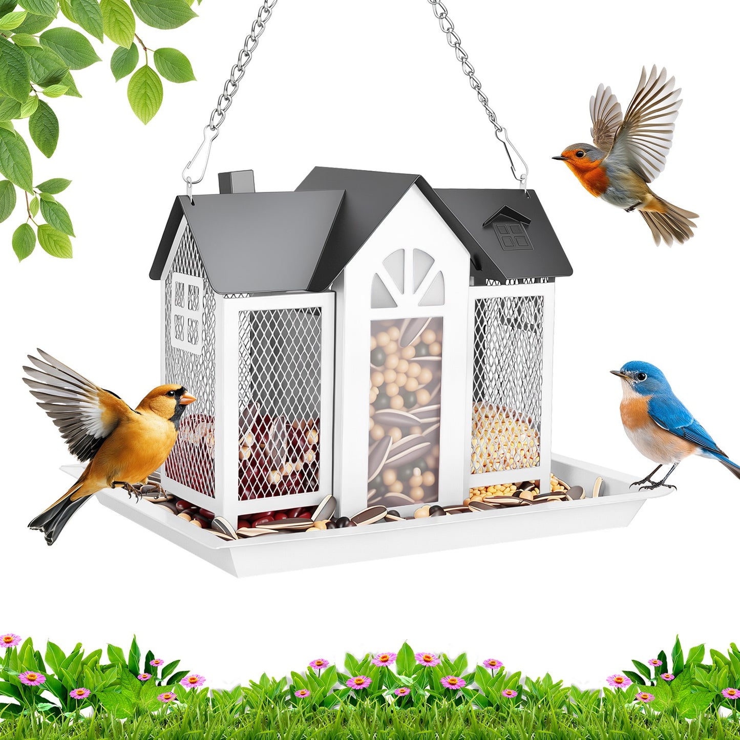 Metal Bird Feeder House with Visible Window & Lift Top - Outdoor Garden Decor