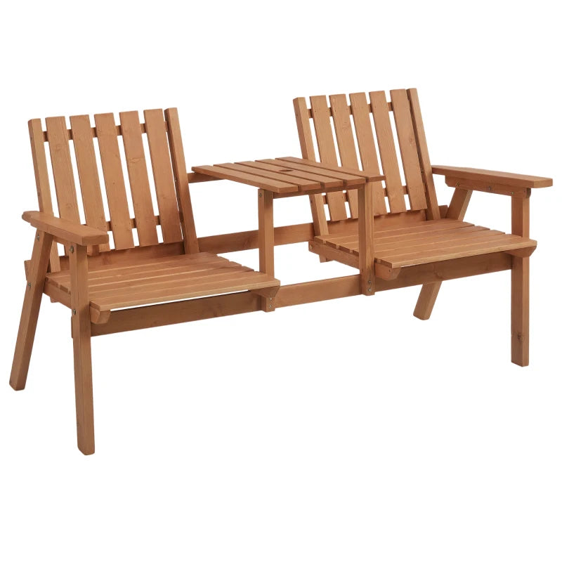 Wooden Patio Bench with Middle Table & Umbrella Hole - Orange
