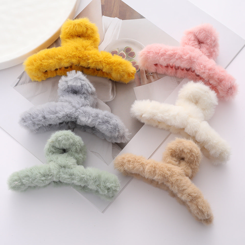 Solid Color Fur Grip Plush Back Hair Barrettes - Hair Accessories for Women