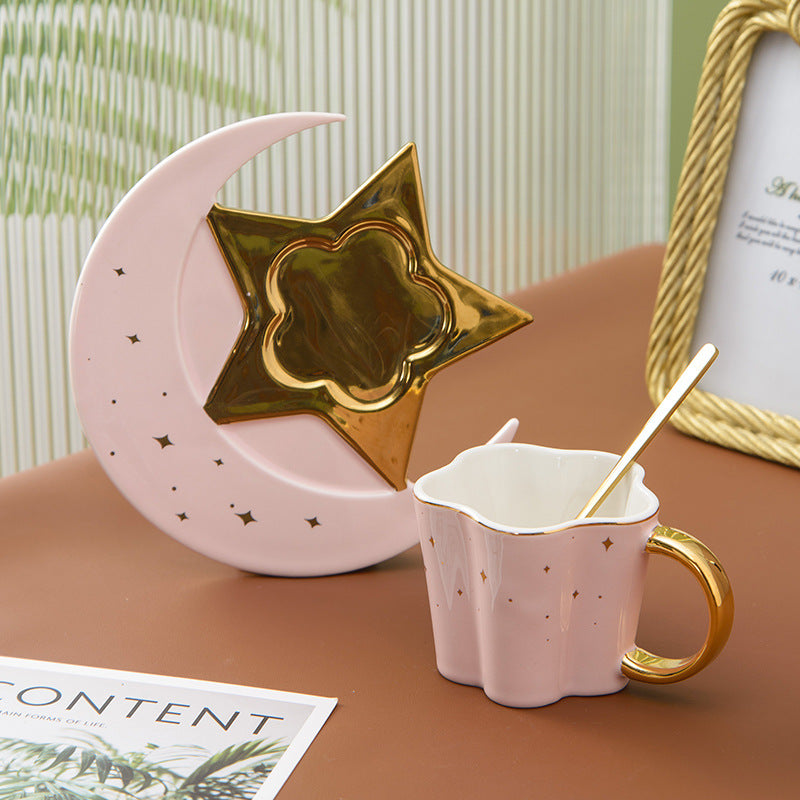 Ceramic Cup Set with Star and Moon Saucer - 4 Colors