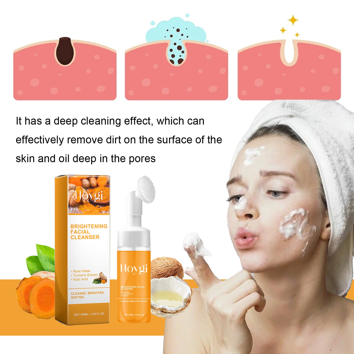 Turmeric Brightening Facial Cleanser Foam with Built-in Silicone Brush