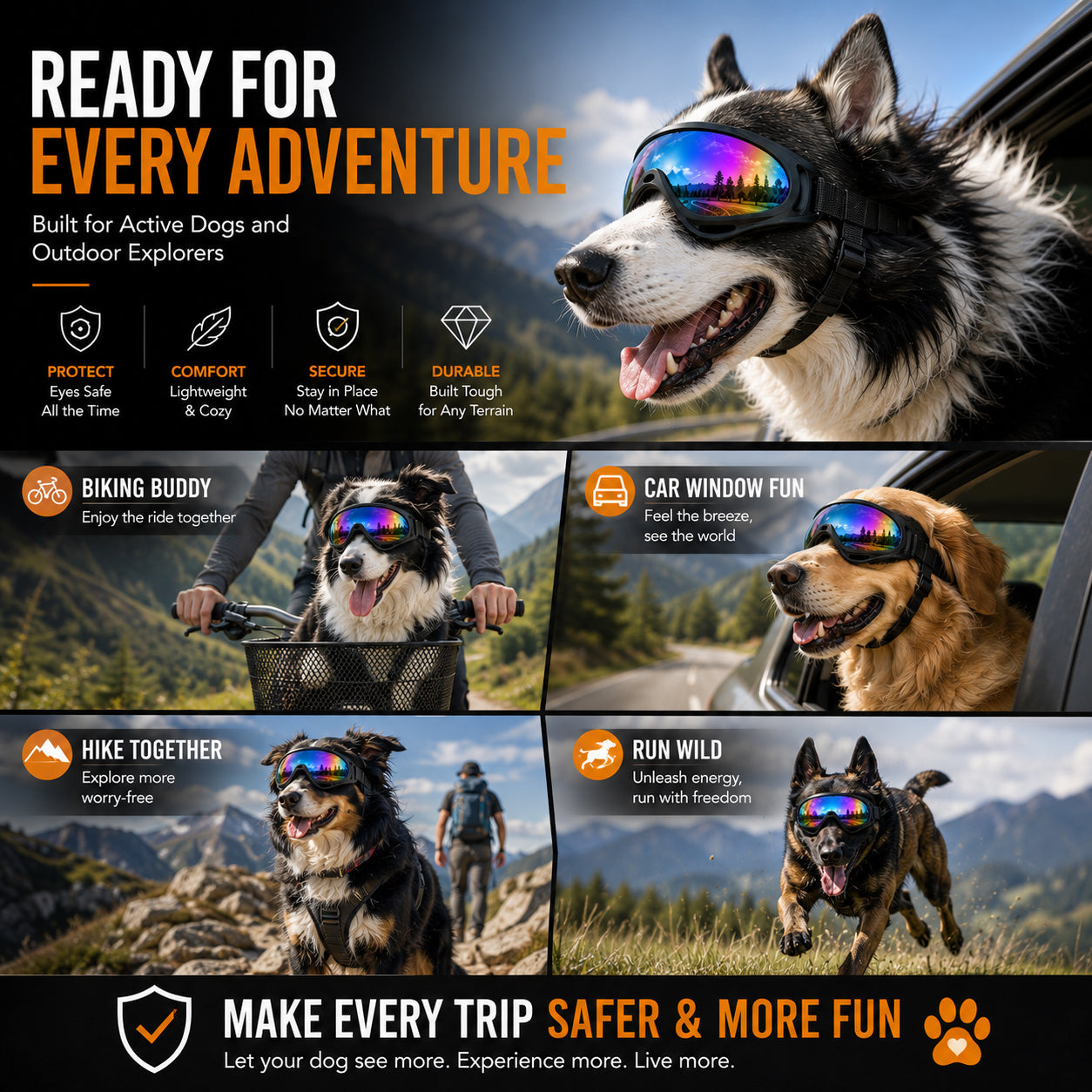 Dog Goggles for Medium & Large Dogs UV Protection Impact-Resistant Pet Glasses