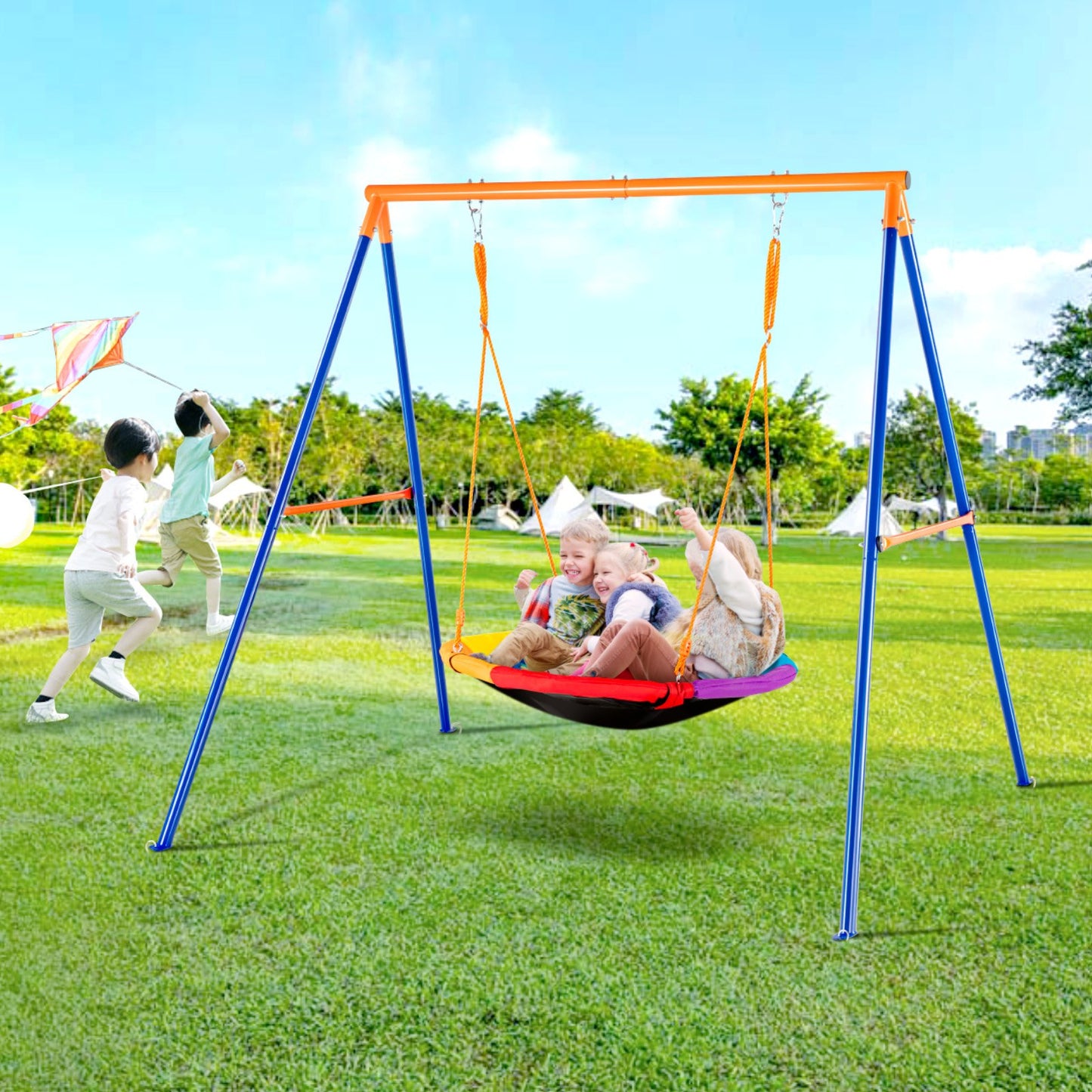 40-Inch Saucer Swing Set with Metal A-Frame Stand for Backyard - Orange