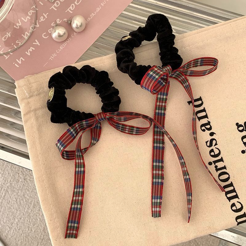 Large Bow Hair Ring - Black Plaid Hair Accessory for Hair Styling