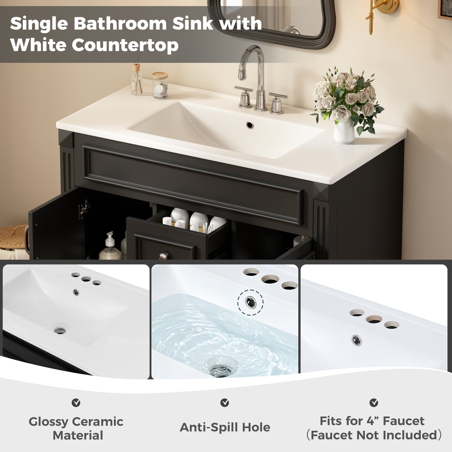 36-Inch Wall-Mounted Bathroom Vanity with Ceramic Sink - Black