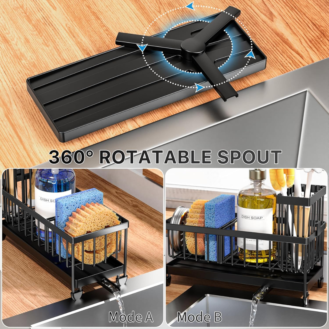Kitchen Sink Caddy Organizer with Rotatable Brush Holder - Black