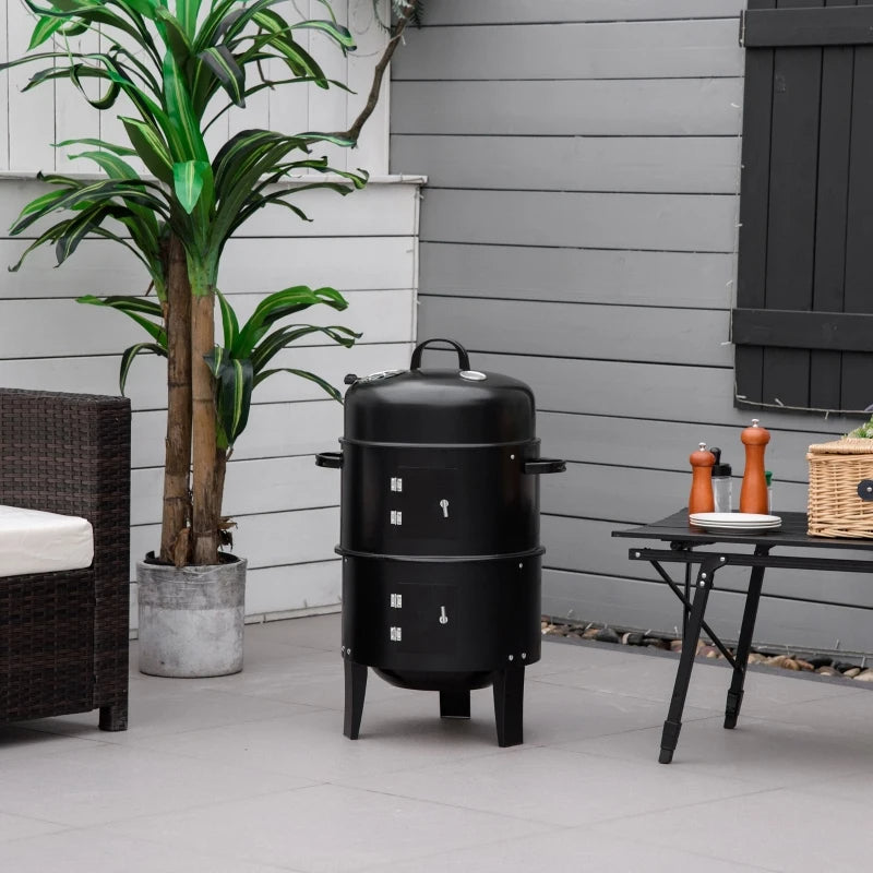 3-in-1 Vertical Charcoal BBQ Smoker Grill with Thermometer
