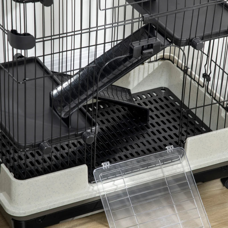 Small Animal Cage with Lockable Wheels, Slide-Out Tray for Rabbits, Chinchillas, Ferrets - Black