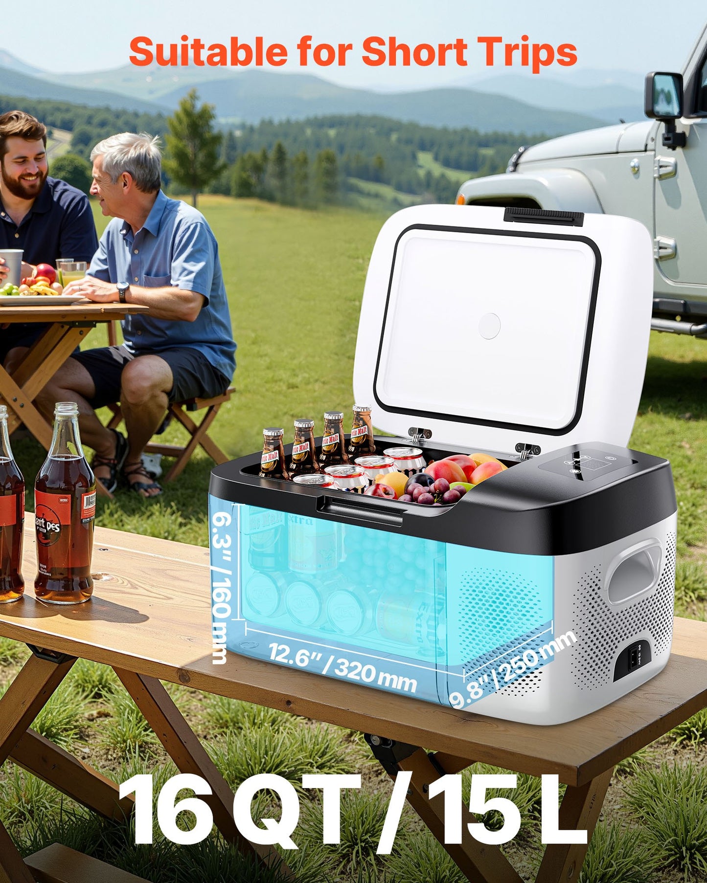 Portable Car Refrigerator Cooler - 16QT Compressor Freezer with App Control, 12/24V & AC, Black