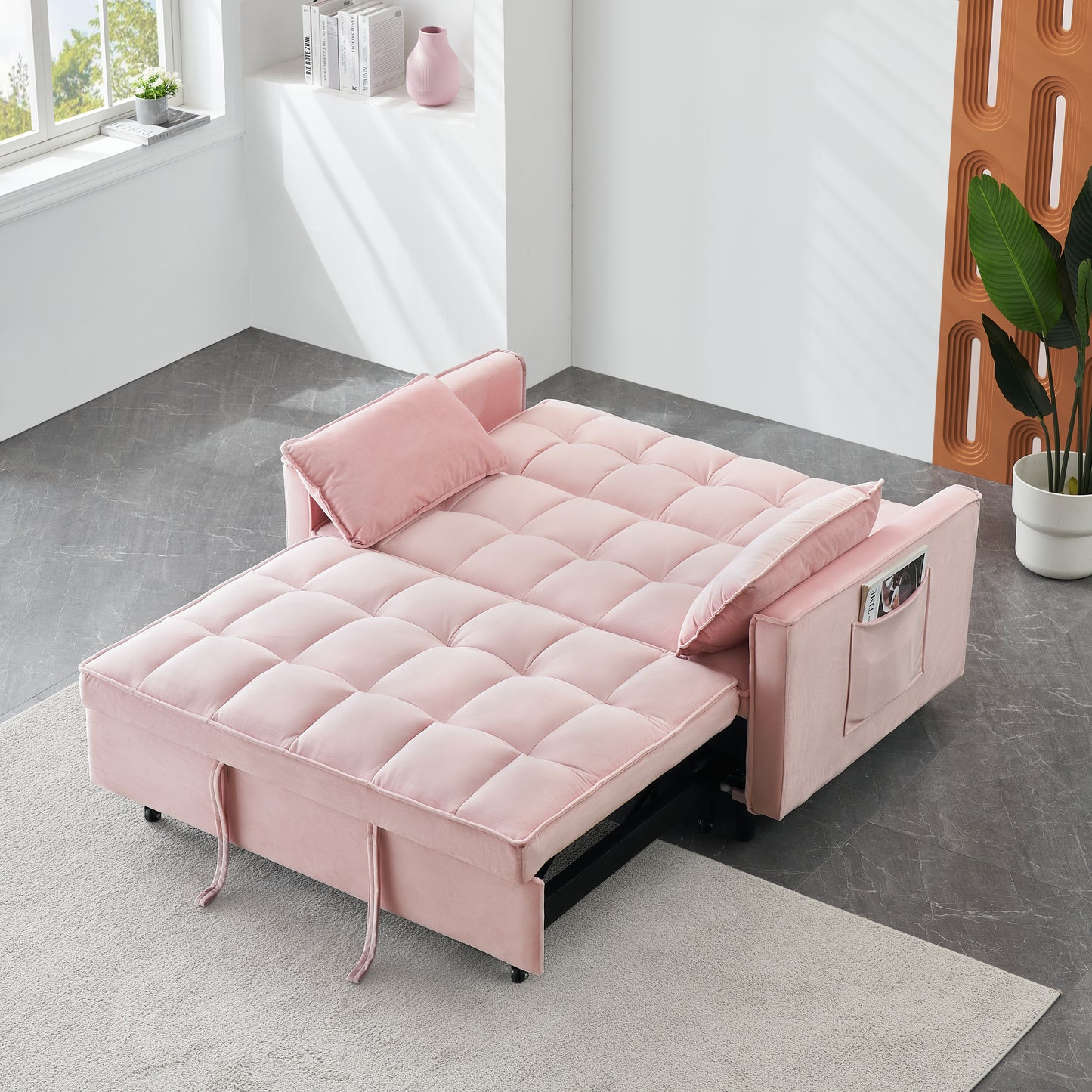 Convertible Velvet Sofa Bed - Small Love Seat with Pillow - Pink