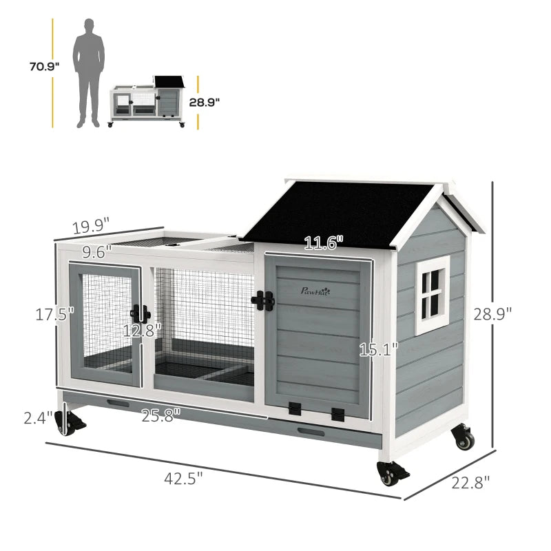 Wooden Rabbit Hutch with Wheels and Run - Small Animal Cage with Slide-Out Tray