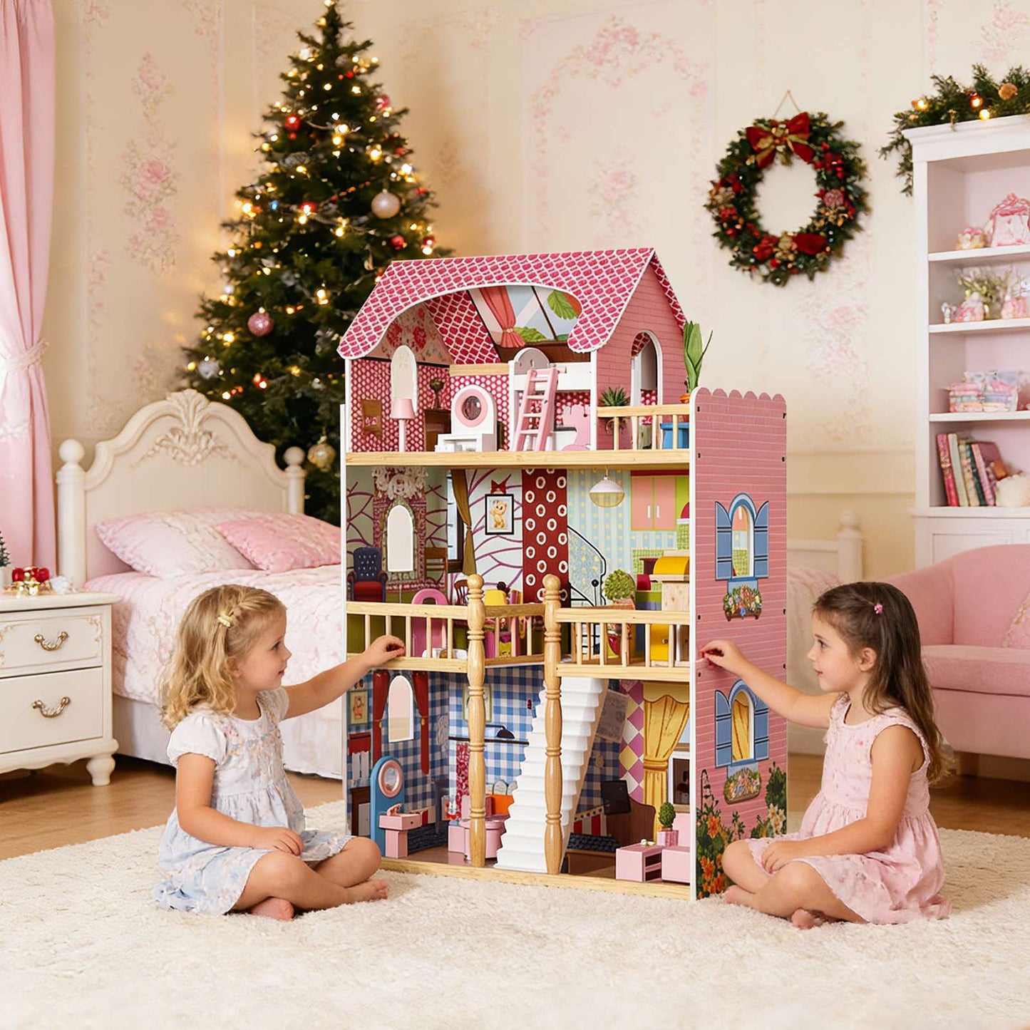 3-Story Wooden Dollhouse with 14 Accessories - Kids Playhouse
