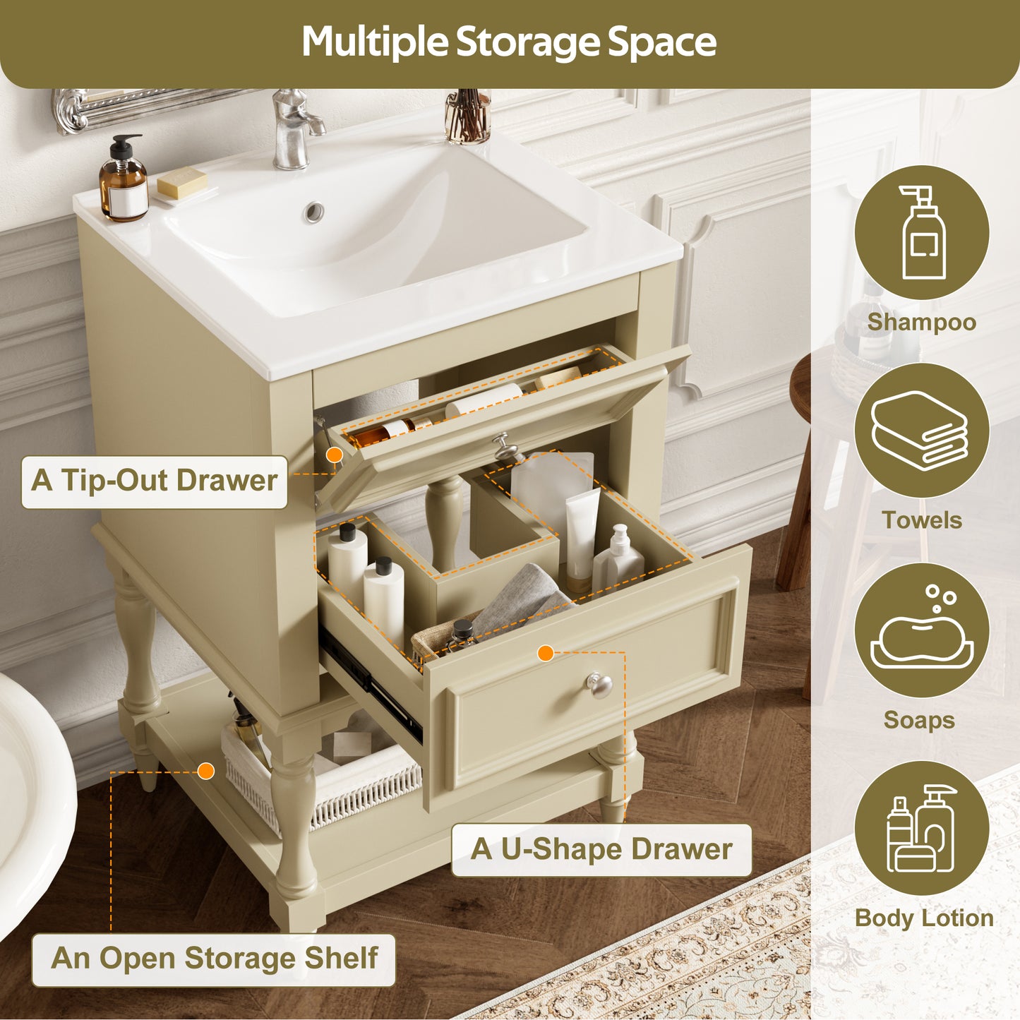 20'' Beige Bathroom Vanity with Ceramic Sink & 2 Drawers
