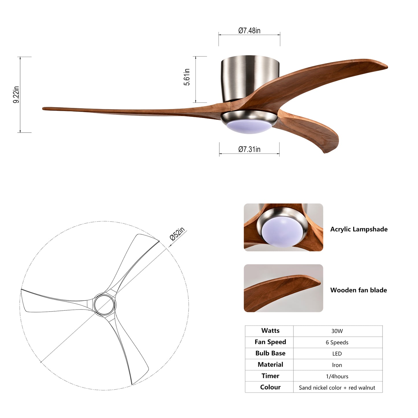 52-Inch Recessed Ceiling Fan with Light Strip, Solid Wood Blades, Remote Control, Noiseless Reversible Motor, Nickel Finish